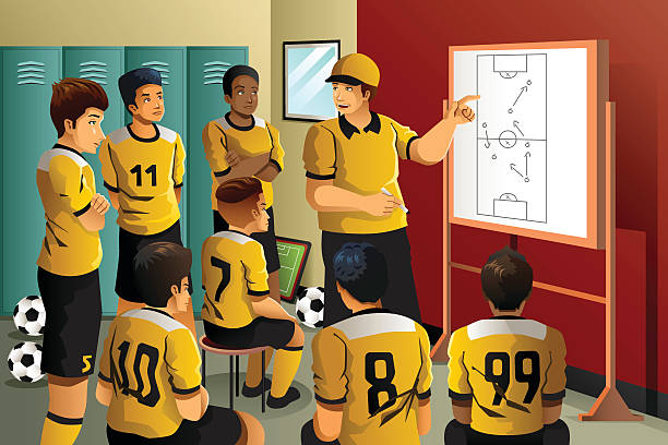 Soccer players in locker room A vector illustration of soccer players in locker room listening to coach talking football locker room stock illustrations