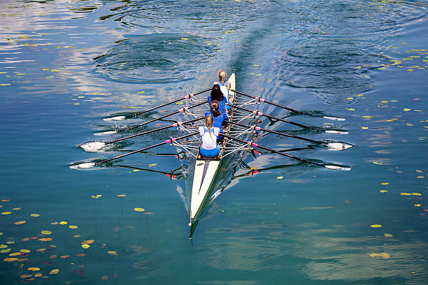 vier frauen rudern auf den ruhigen see - sportrudern stock-fotos und bilder