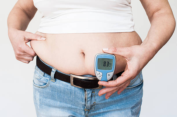 Overweight Woman Showing Her Glucose Level Test stock photo