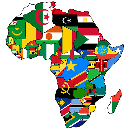 african union on actual vintage political map of africa with flags