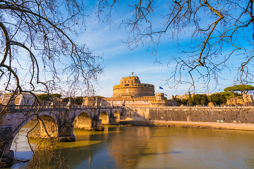 Rome, Italy - February 24, 2016: View of Castel Sant'Angelo or Mausoleum of Hadrian and the Tiber River in Parco Adriano in Rome, Italy.
