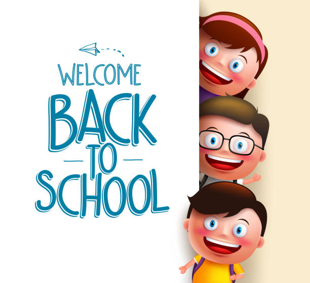 Kids student vector characters holding white board with blank space Kids student vector characters holding white board with blank space for text with welcome back to school written. Vector illustration kids using smart board stock illustrations