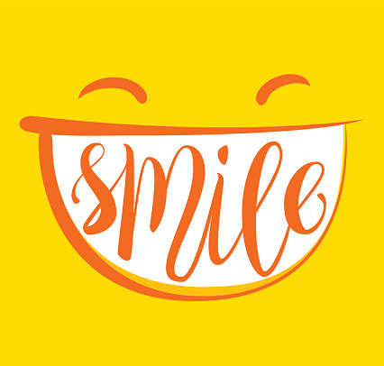 Yellow positive thinking, smile poster. Smile brush lettering composition.