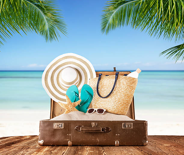 istock Old suitcase on tropical beach, travel concept 538046116