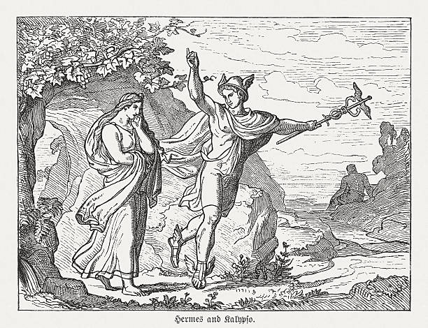 гермес и калипсо, греческой мифологии, вуд гравировкой, опубликованные в 1880 - classical greek greece roman god god stock illustrations