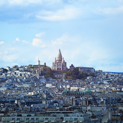 Aerial view of Paris with its typical buildings. Paris is a global center for art, fashion, gastronomy and culture.