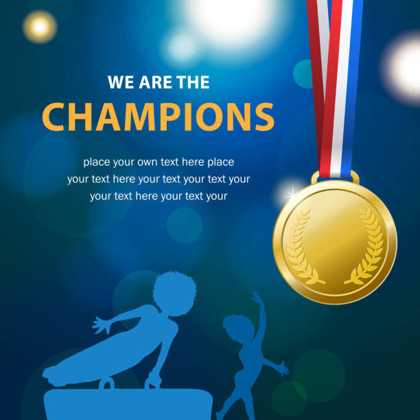 Gymnastics Championships Medals Awards in front of the gymnastics championship background. gymnastics stretches stock illustrations