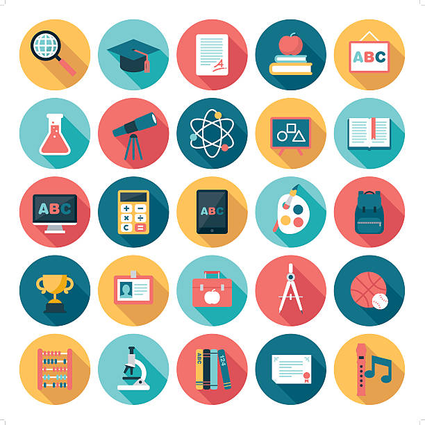 education icons A set of 25 education related icon set. Icons are grouped individually. music and entertainment icons stock illustrations