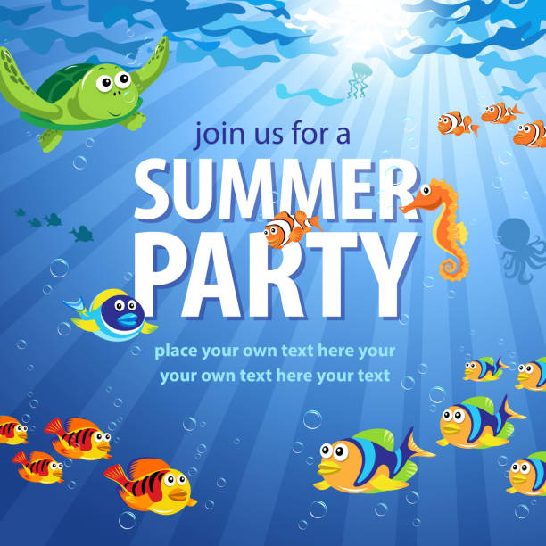 Underwater Summer Party Summer holidays ocean floor background included fish, sea horse and turtle. longsnout seahorse hippocampus reidi stock illustrations