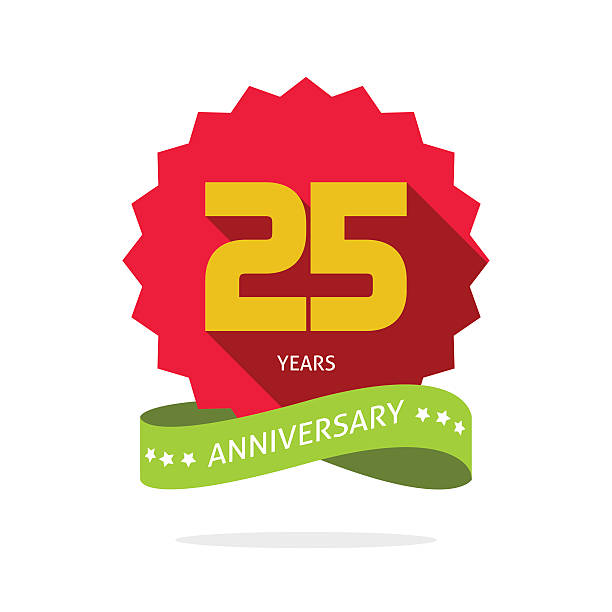 Years 25 anniversary vector label logo badge Years 25 anniversary vector label logo, shadow on circle, number 25, 25th years anniversary icon. Twenty fifth birthday party symbol, promotion sale sticker ribbon, poster, emblem 25 29 years stock illustrations