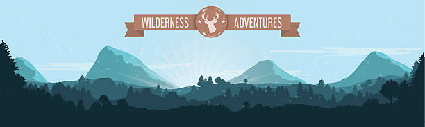 Flat Mountain Treeline Landscape with Ribbon and Deer Logo Blue flat landscape design with Wilderness Adventures ribbon and deer silhouette logo. wilderness area stock illustrations