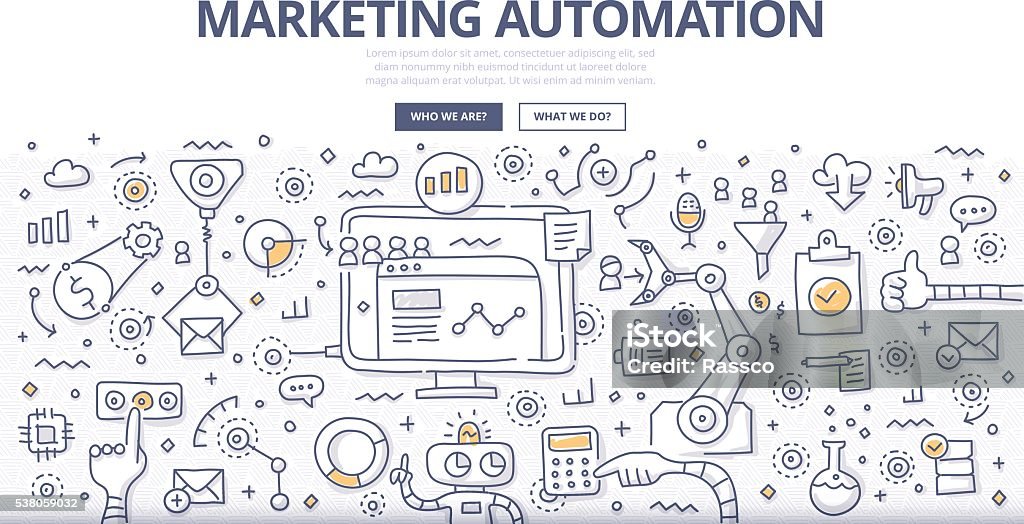 Marketing Automation Doodle Concept Doodle vector illustration of automating and measuring marketing tasks and workflows to increase company efficiency and connect with potential clients. Automated stock vector