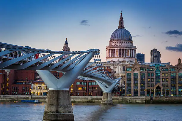 London, UK - Millennium Bridge with St.Paul's Cathedral at sunset with clear blue sky