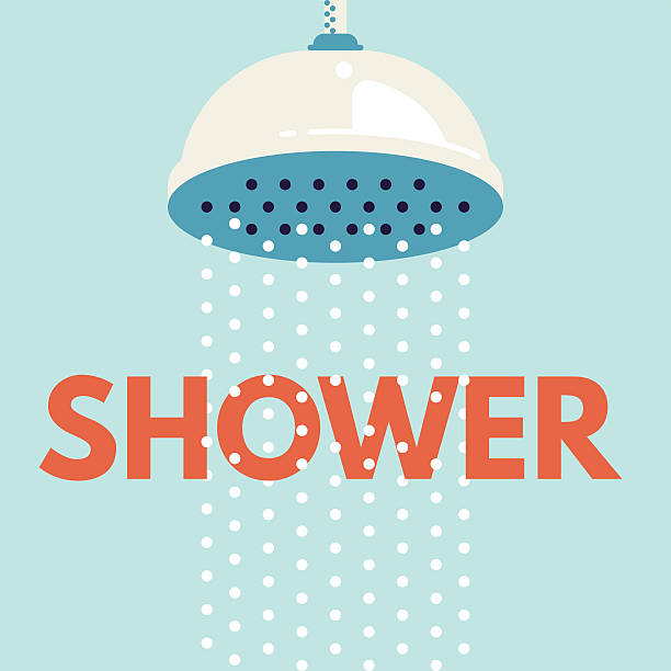 illustrazioni stock, clip art, cartoni animati e icone di tendenza di doccia nel bagno con gocce d’acqua fluente - doccia