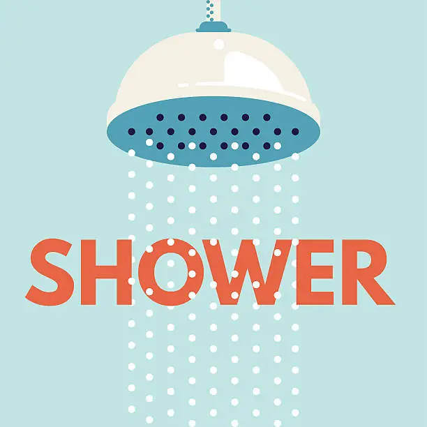Vector illustration of Shower head in bathroom with water drops flowing