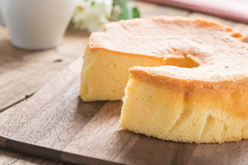 Selective focus, Chiffon cake on wood cutting board.