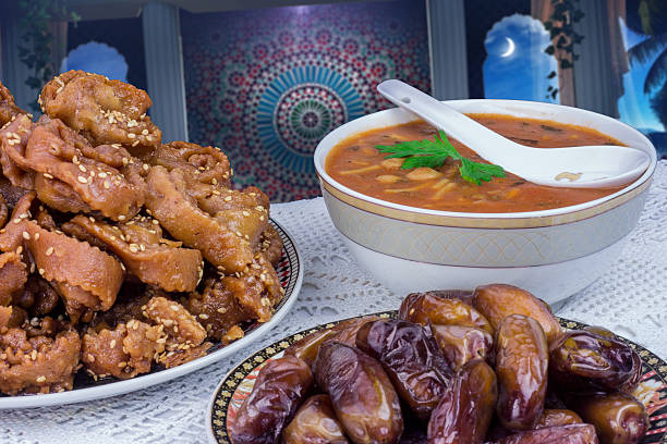 istock Bowl of Moroccan harira soup,chebakia, dates for iftar 538061416