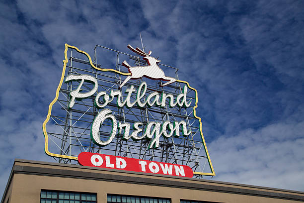 Portland Oregon Landmark Stag Sign in Old Town stock photo
