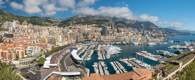 Monaco, Europe, Monte Carlo, Mediterranean Sea, Building Exterior, Bay Of Water, Aerial View, Tourboat, Tourism, Residential District, Sky