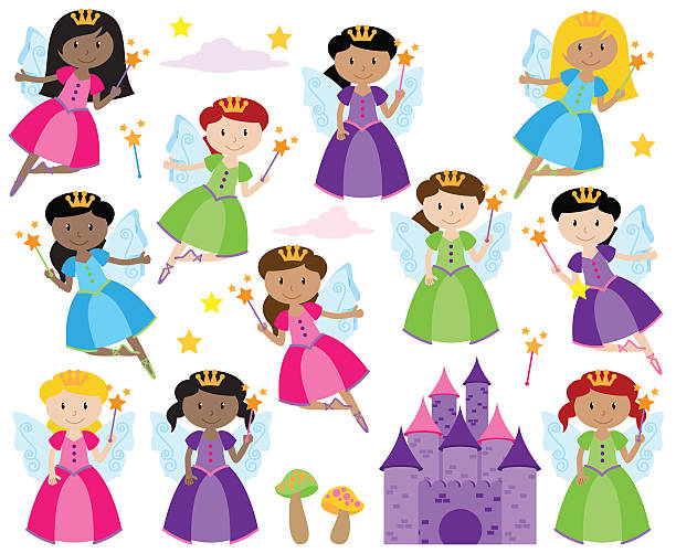 ilustraciones, imágenes clip art, dibujos animados e iconos de stock de vector de conjunto de lindo fairies con una fantasía del castillo - princess castle child family