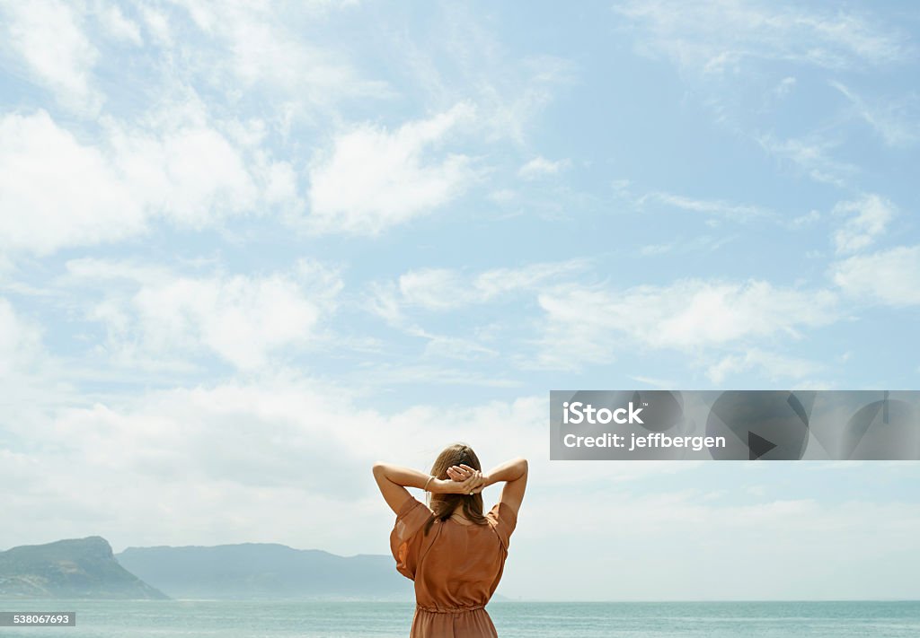Endless space to dream Rearview shot of a woman looking out at the ocean with sky above Looking Stock Photo