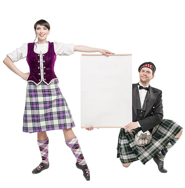 istock Pair  dancers of Scottish dance with empty banner 538068156