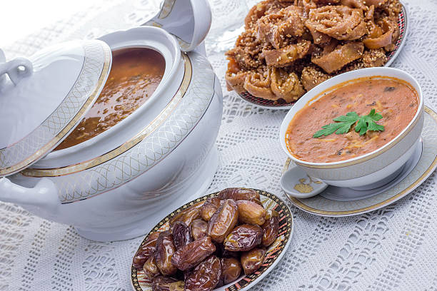 istock Bowl of Moroccan harira soup,chebakia, dates for iftar 538068408