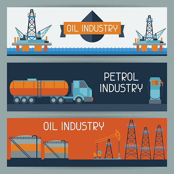 ilustrações de stock, clip art, desenhos animados e ícones de banners do design industrial com óleo e gasolina ícones - oil rig oil industry sea mining