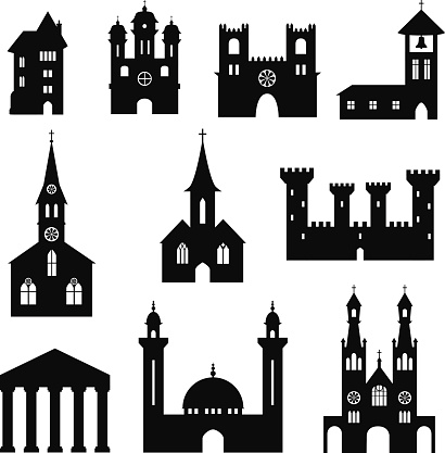 Silhouette set of buildings containing churches, mosque, castles and similar structures