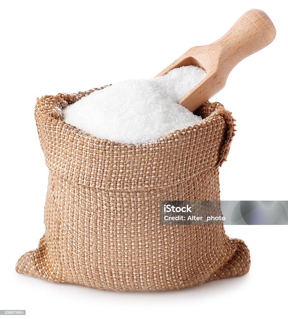 sugar granules with scoop in bag isolated on white background sugar with scoop in burlap sack isolated on white background. Full bag of sugar crystals closeup Sugar - Food Stock Photo