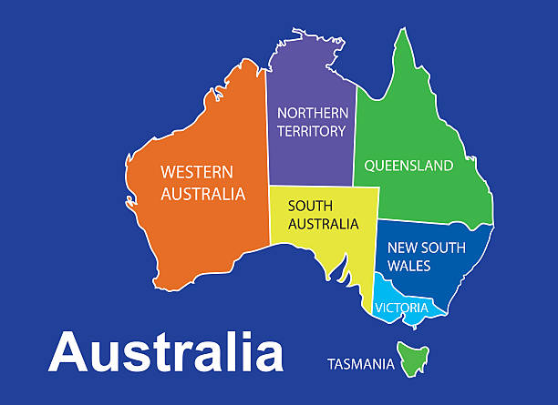 ilustrações de stock, clip art, desenhos animados e ícones de austrália mapa colorido em fundo azul, austrália mapa vetor - victoria state