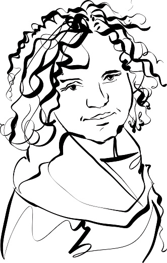 Black and white hand drawn illustration of a woman, girl with curly hair.