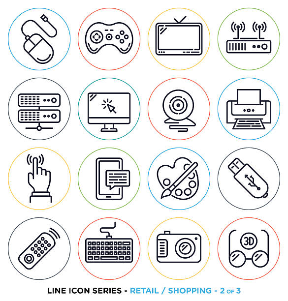 ilustraciones, imágenes clip art, dibujos animados e iconos de stock de minoristas y tiendas de iconos de línea - modem usb cable internet wireless technology