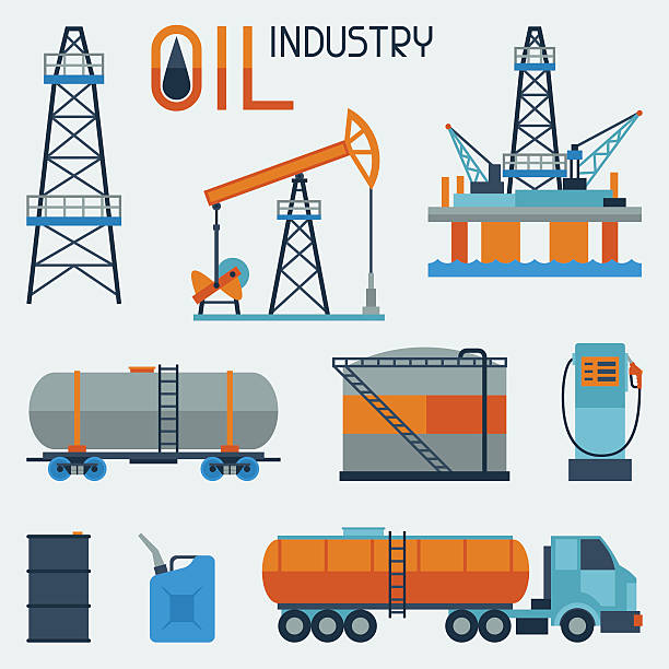 공업주 세트마다 엔진오일 및 가솔린 아이콘크기 - oil rig oil industry sea oil stock illustrations