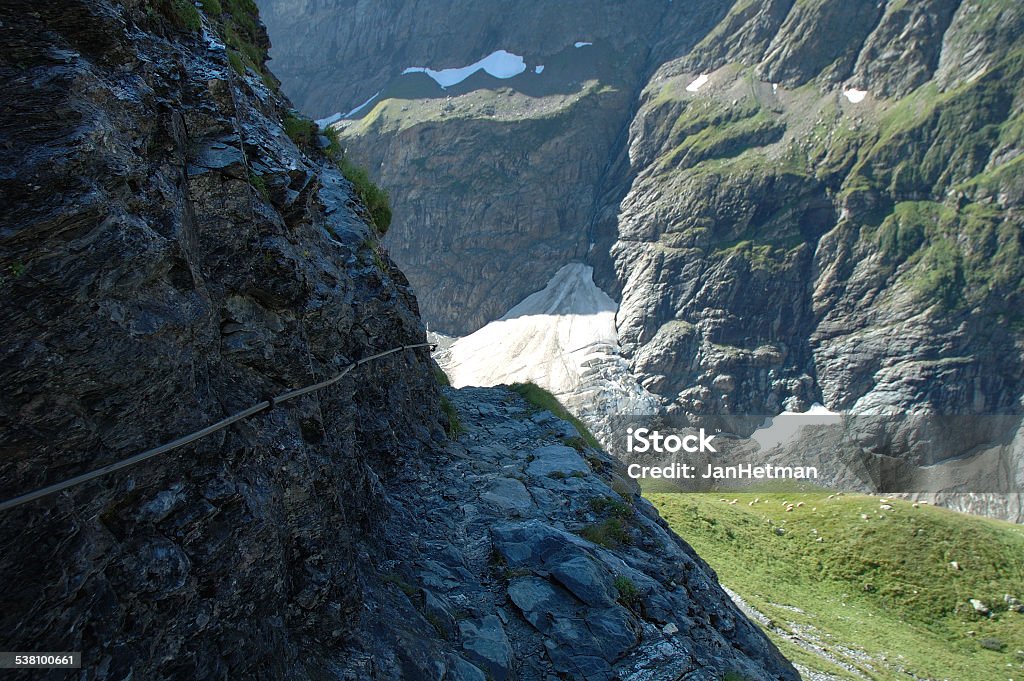 Glacier and trail nearby Grindelwald in Switzerland Glacier and trail from Grindelwald to Glecksteinhutte hill station in Alps in Switzerland 2015 Stock Photo