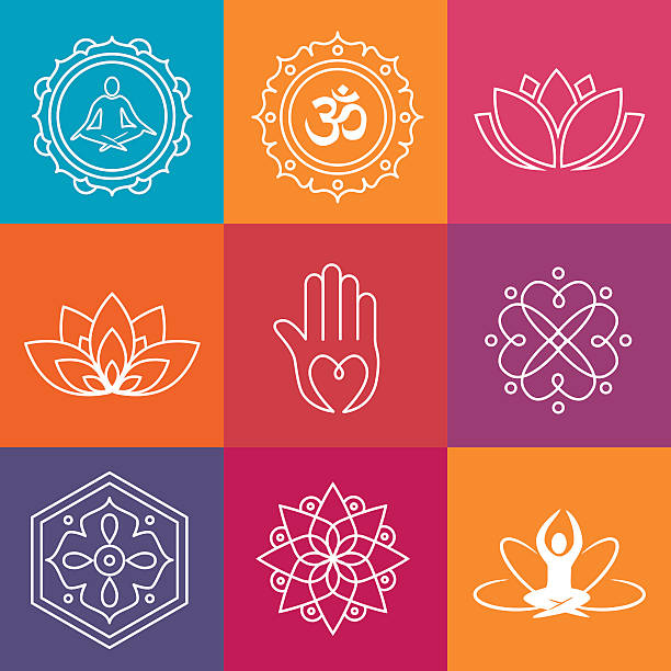 значки йога - chakra yoga lotus meditating stock illustrations