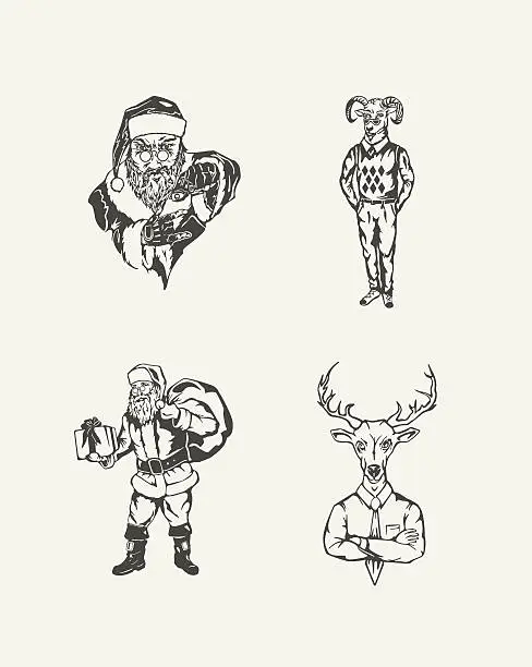 Vector illustration of Set of drawn illustration. Santa Claus and deer hipster