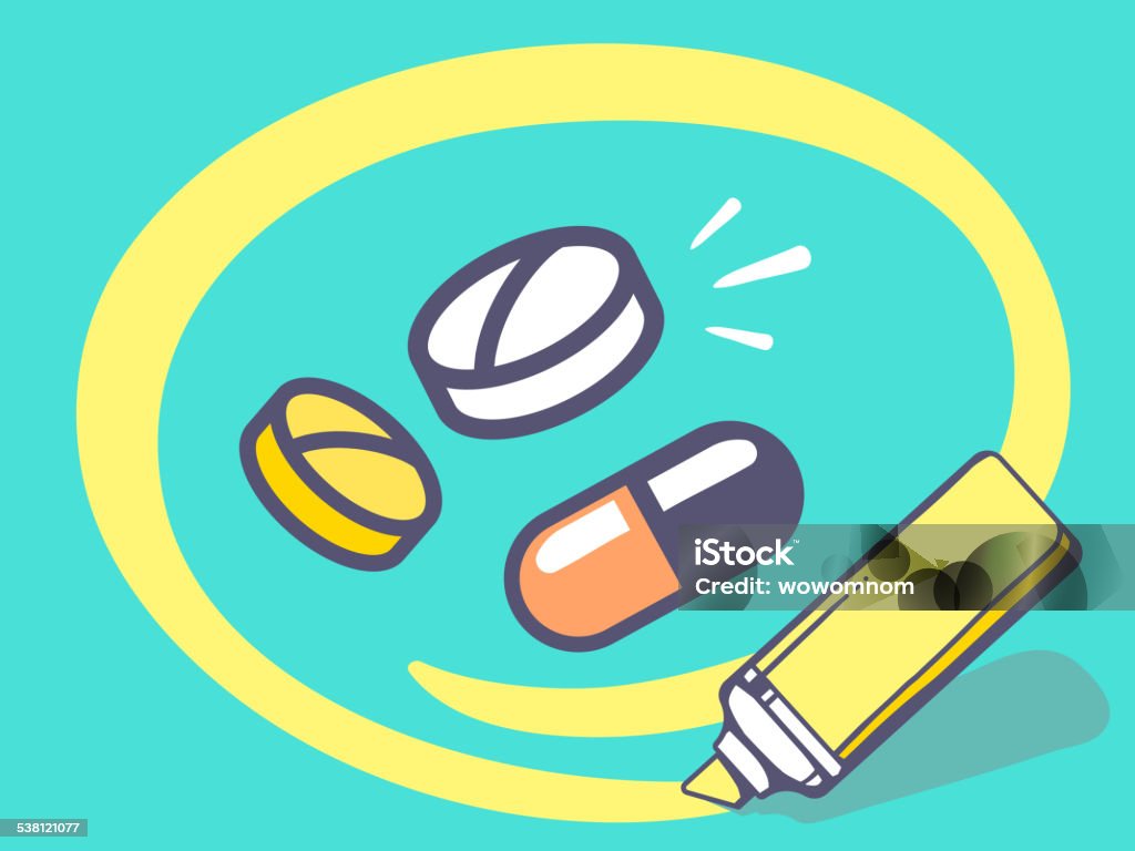 Vector illustration of marker drawing circle around pills Vector illustration of marker drawing circle around pills and vitamins on blue background. Line art design for web, site, advertising, banner, poster, board and print. 2015 stock vector