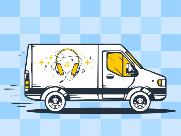 ilustrações de stock, clip art, desenhos animados e ícones de ilustração vetorial de van livre e rápida entregar auscultadores - delivery van audio