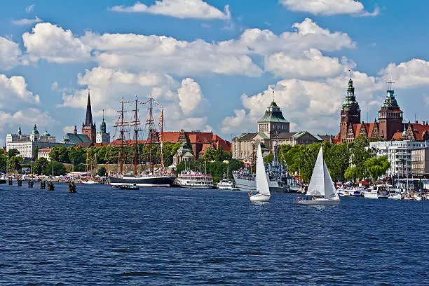 During The Days of the Sea a few dozen watercraft have come to Szczecin: vessels of the Navy, sailing ships and Oldtimers. In background - The Brave Shafts with monumental buildings on hill. One of the most beautiful places in Poland.