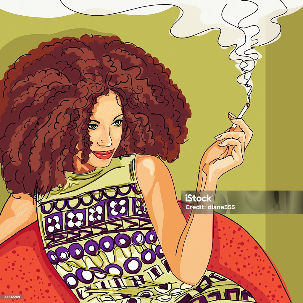 Retro Woman With Afro Smoking A Cigarette Illustration 1970-1979 stock illustration
