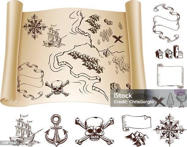 Treasure Map Kit Stock Illustration - Download Image Now - Treasure Map, Pirate - Criminal, Map