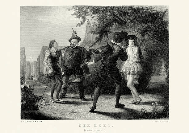 Works of William Shakespeare - The Duel from Twelfth Night Vintage engraving of a scene from the works of William Shakespeare. The Duel from Twelfth Night. Twelfth Night; or, What You Will is a comedy by William Shakespeare. The play centers on the twins Viola and Sebastian, who are separated in a shipwreck. The play focuses on the Countess Olivia falling in love with Viola (who is disguised as a boy), and Sebastian in turn falling in love with Olivia. Steel engraving, 1870 engraving william shakespeare art painted image stock illustrations