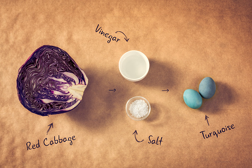 Naturally dyed Easter eggs with red cabbage. Add a quarter of water, tablespoon salt, 2 table spoons vinegar and red cabbage. Bring to boil and simmer for fifteen minutes, then remove pot from the burner. With the cold dye you can color the boiled eggs.