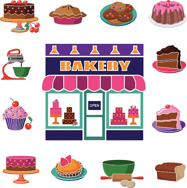 Vector illustration of bakery shop with square baked goods and cooking equipment border