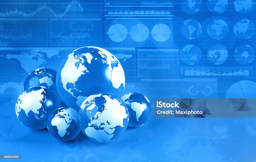 Blue Earth globes on financial business background Multiple globes showing continents and countries with economy data and growth diagrams. Global business and stock market  blue background, with charts, diagrams, world maps and data arranged on grid and tables. State of the world. Copy space on image side. Abstract Stock Photo