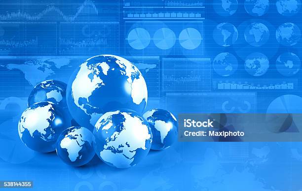 Blue Earth Globes On Financial Business Background Stock Photo - Download Image Now - Abstract, Map, USA