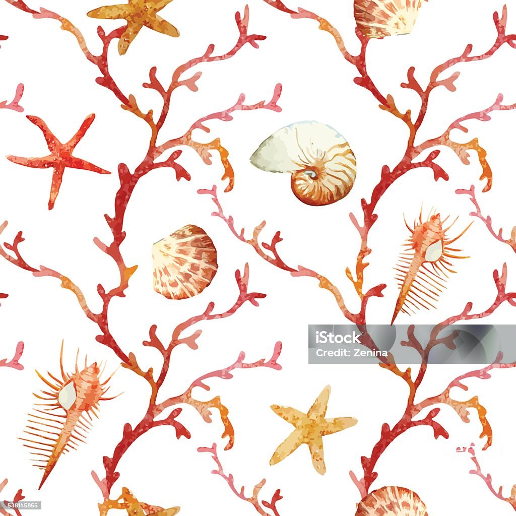 Corals with shells and crabs Beautiful watercolor vector pattern with corals shells and crabs 2015 stock vector