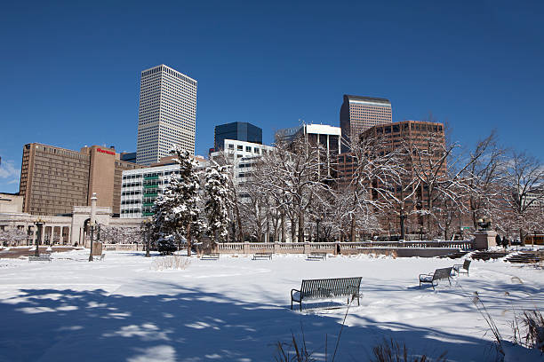 Snowy Civic Center Park and Downtown Denver skyline Snow covers trees and park benches in Civic Center Park and the downtown Denver skyline on a sunny winter day. civic center park stock pictures, royalty-free photos & images