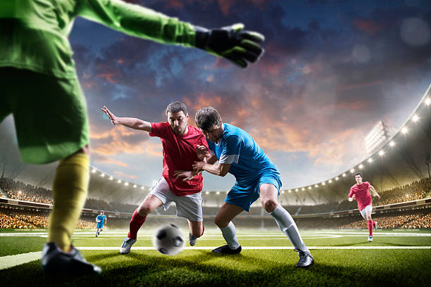 istock Soccer players in action on sunset stadium background panorama 538150824